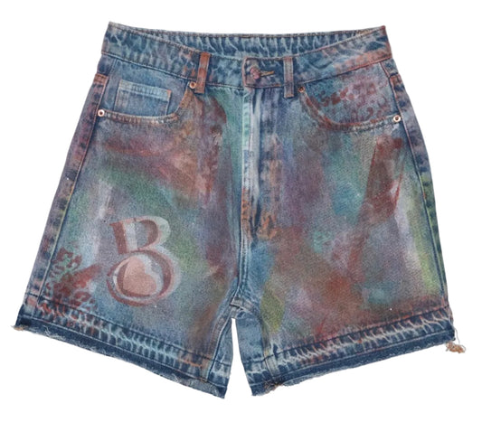 “B” Painted Denim Shorts